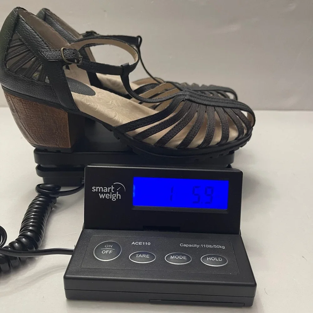 Jambu Sofia Black Leather T-Strap Caged Block Heel Sandals Womens 8M